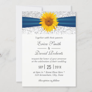 Modern Silver Glitter Elegant Sunflower Wedding Kaart