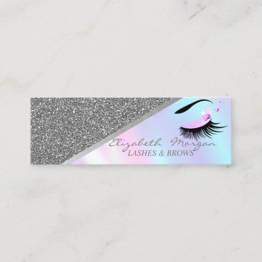 Modern Silver Glitter, Faux Lashes Holographic Mini Visitekaartje (Voorkant)