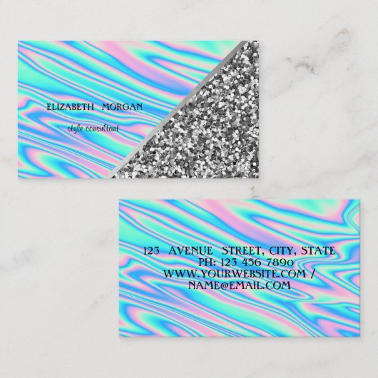 Modern Silver Glitter, Geometrisch, Holografisch Visitekaartje (Voorkant / Achterkant)
