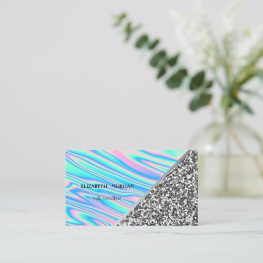 Modern Silver Glitter, Geometrisch, Holografisch Visitekaartje (Staand voorkant)