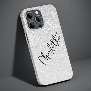 Modern Silver Glitter Girly Chic Persoonlijke naam Case-Mate iPhone 14 Pro Max Hoesje