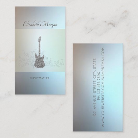 Modern, Silver Glitter Guitar, muziekleraar Visitekaartje (Voorkant / Achterkant)