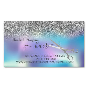 Modern Silver Glitter, Holographic, Scissors Hair Magnetisch Visitekaartje