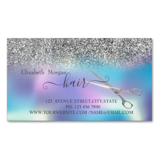 Modern Silver Glitter, Holographic, Scissors Hair Magnetisch Visitekaartje (Voorkant)
