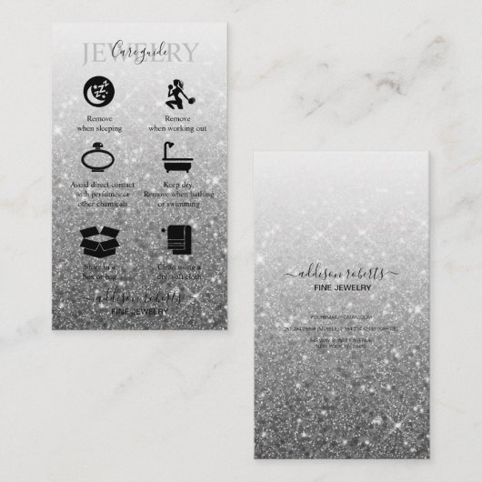 Modern Silver Glitter Jewelry Care Visitekaartje (Voorkant / Achterkant)