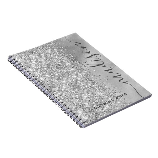 Modern Silver Glitter Metallic Monogram Script Notitieboek (Rechterzijde)