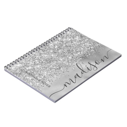 Modern Silver Glitter Metallic Monogram Script Notitieboek (Linkerzijde)