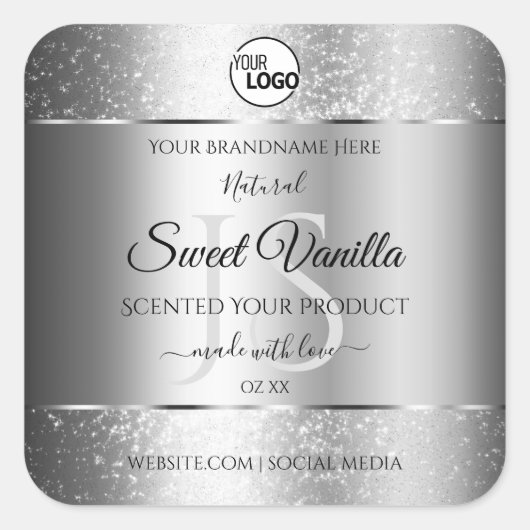Modern Silver Glitter Monogram Product Labels Logo (Voorkant)