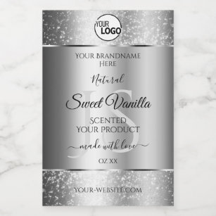 Modern Silver Glitter Monogram Product Labels Logo Voedselcontainer Etiket