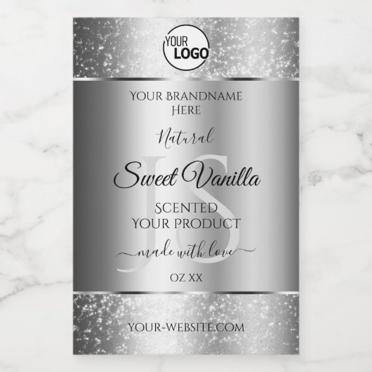 Modern Silver Glitter Monogram Product Labels Logo Voedselcontainer Etiket (Enkel label)