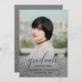 Modern Silver Glitter Ombre Girly Foto Afstuderen Aankondiging (Voorkant / Achterkant)