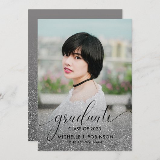 Modern Silver Glitter Ombre Girly Foto Afstuderen Aankondiging (Voorkant / Achterkant)