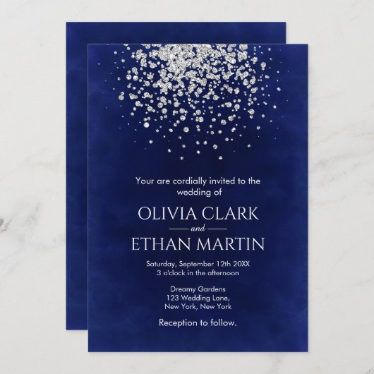 Modern Silver Glitter over Royal Blue Kaart (Voorkant / Achterkant)