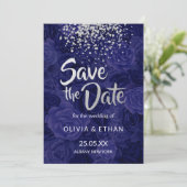 Modern Silver Glitter over Royal Blue Rozen Save The Date (Staand voorkant)