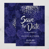 Modern Silver Glitter over Royal Blue Rozen Save The Date (Voorkant / Achterkant)