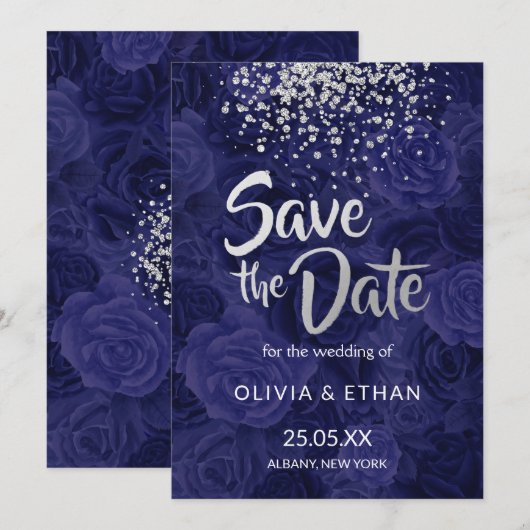 Modern Silver Glitter over Royal Blue Rozen Save The Date (Voorkant / Achterkant)