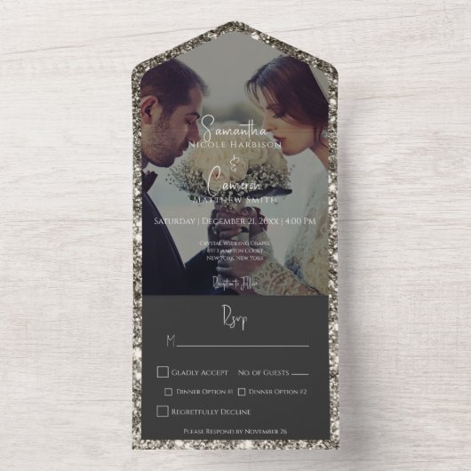 Modern Silver Glitter Photo Dinner All In One Uitnodiging (Binnen)