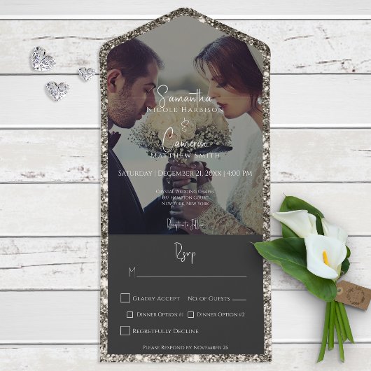 Modern Silver Glitter Photo Dinner All In One Uitnodiging