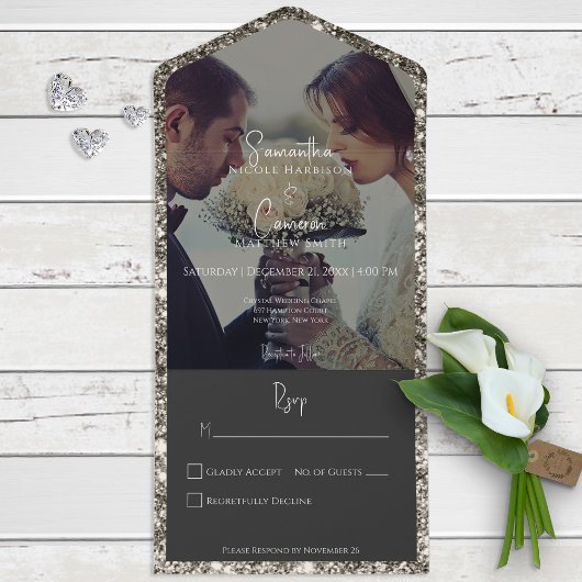 Modern Silver Glitter Photo No Dinner All In One Uitnodiging