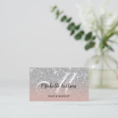 Modern Silver Glitter Pink Monogram Beauty Salon Visitekaartje (Staand voorkant)