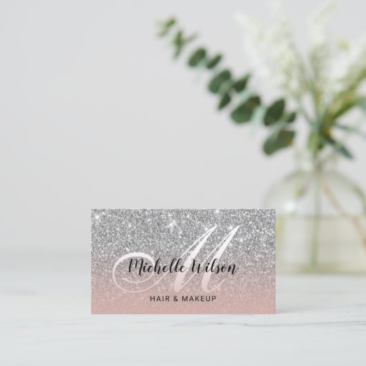 Modern Silver Glitter Pink Monogram Beauty Salon Visitekaartje (Staand voorkant)