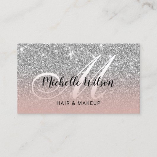 Modern Silver Glitter Pink Monogram Beauty Salon Visitekaartje (Voorkant)