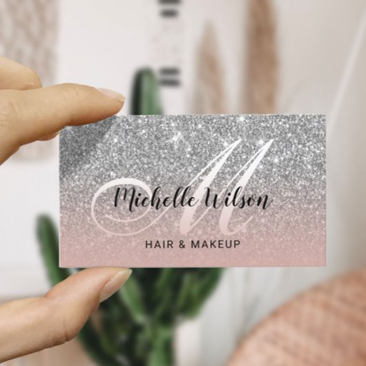 Modern Silver Glitter Pink Monogram Beauty Salon Visitekaartje