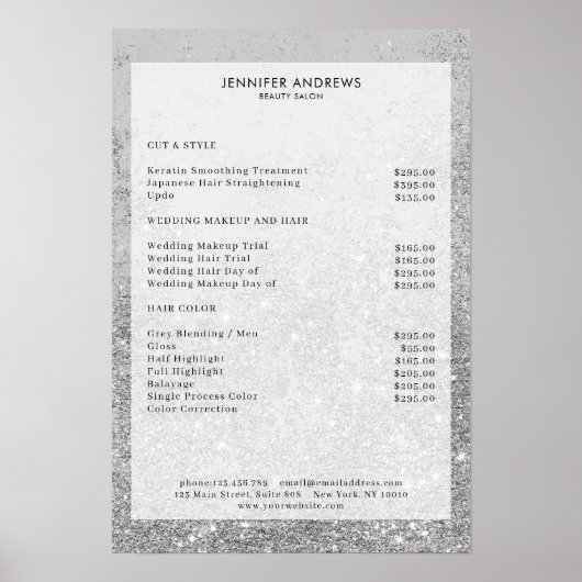 Modern Silver  Glitter Salon Price List Poster (Voorkant)