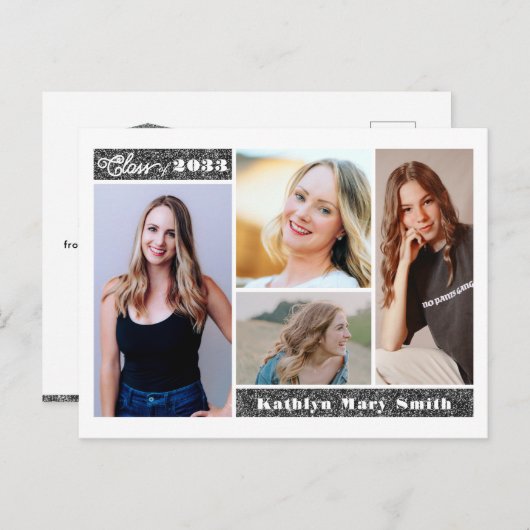 Modern Silver Glitter Script Chic Photo Afstuderen Uitnodiging Briefkaart (Voorkant / Achterkant)