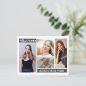 Modern Silver Glitter Script Chic Photo Afstuderen Uitnodiging Briefkaart (Staand voorkant)