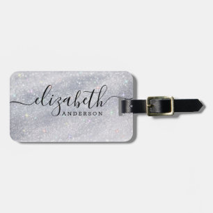 Modern Silver Glitter Script Naam Bagagelabel