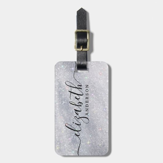 Modern Silver Glitter Script Naam Bagagelabel (Voorkant verticaal)