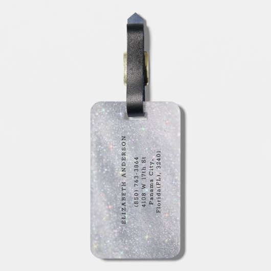 Modern Silver Glitter Script Naam Bagagelabel (Achterkant verticaal)