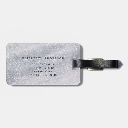 Modern Silver Glitter Script Naam Bagagelabel (Achterkant horizontaal)