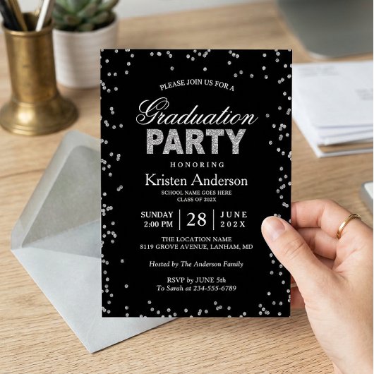 Modern Silver Glitter Sparkles Graduation Party Kaart