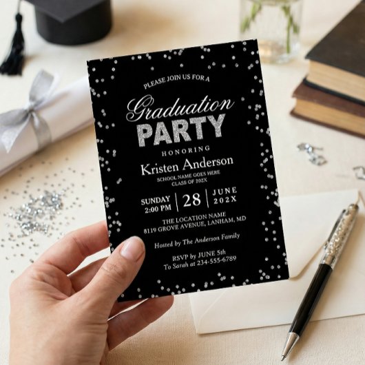 Modern Silver Glitter Sparkles Graduation Party Kaart