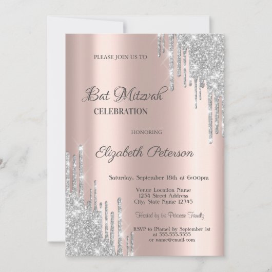 Modern Silver Glitter stuurt Roos Gold Bar Mitzvah Kaart (Voorkant)