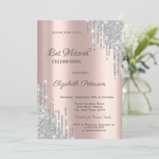Modern Silver Glitter stuurt Roos Gold Bar Mitzvah Kaart (Staand voorkant)