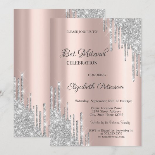 Modern Silver Glitter stuurt Roos Gold Bar Mitzvah Kaart (Voorkant / Achterkant)