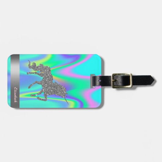 Modern Silver Glitter Unicorn, Holografisch Bagagelabel (Voorkant horizontaal)