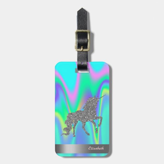 Modern Silver Glitter Unicorn, Holografisch Bagagelabel (Voorkant verticaal)