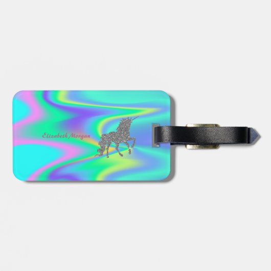 Modern Silver Glitter Unicorn, Holografisch Bagagelabel (Achterkant horizontaal)