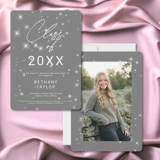 Modern Silver Gray & White Sparkle Graduation Aankondiging