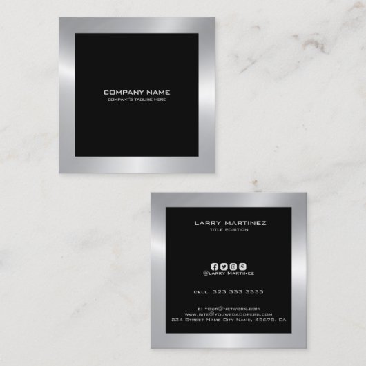 Modern Silver-grens zwart Vierkante Visitekaartje (Voorkant / Achterkant)