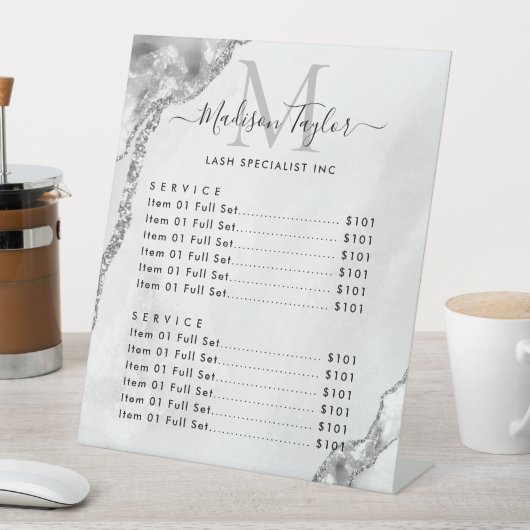 Modern Silver Grey Glitter Agate Marble Monogram Reclamebord Met Voetstuk (Insitu)