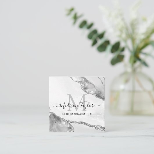 Modern Silver Grey Glitter Marble Agate Monogram Vierkante Visitekaartje (Staand voorkant)