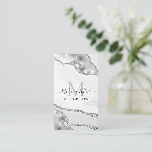 Modern Silver Grey Glitter Marble Agate Monogram Visitekaartje (Staand voorkant)