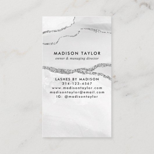 Modern Silver Grey Glitter Marble Agate Monogram Visitekaartje (Achterkant)