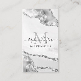Modern Silver Grey Glitter Marble Agate Monogram Visitekaartje