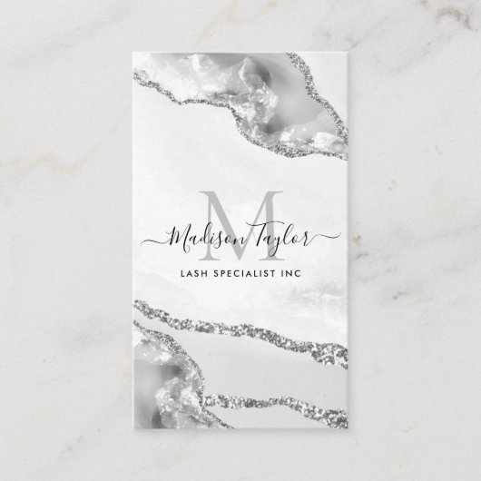 Modern Silver Grey Glitter Marble Agate Monogram Visitekaartje (Voorkant)